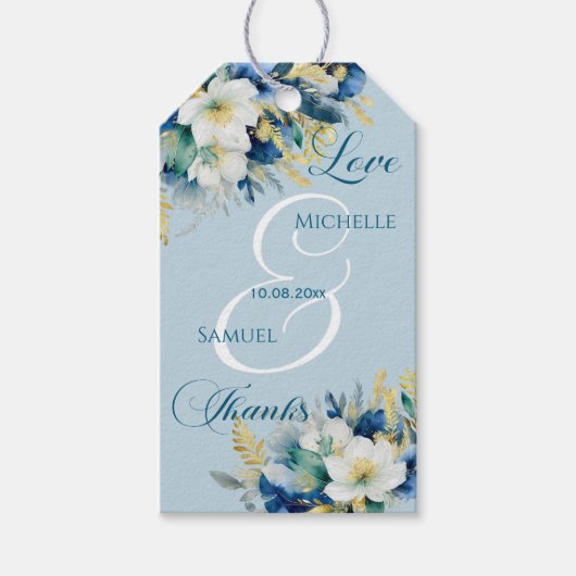 Dusty Blue Gold Glitter Floral Wedding Cadeaulabel (Voorkant)