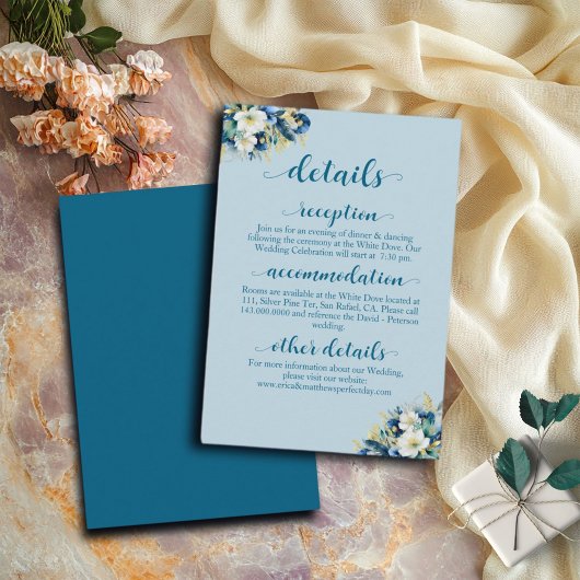 Dusty Blue Gold Glitter Floral Wedding Details Informatiekaartje