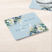 Dusty Blue Gold Glitter Floral Wedding Kartonnen Onderzetters (Schuin)