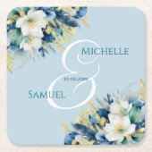 Dusty Blue Gold Glitter Floral Wedding Kartonnen Onderzetters (Voorkant)