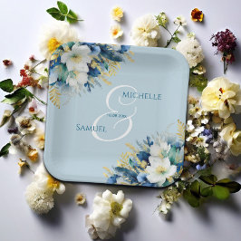 Dusty Blue Gold Glitter Floral Wedding Papieren Bordje