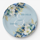 Dusty Blue Gold Glitter Floral Wedding Papieren Bordje (Voorkant)