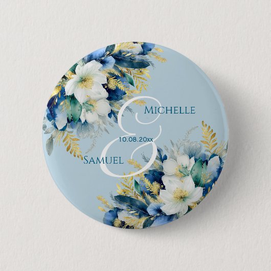 Dusty Blue Gold Glitter Floral Wedding Ronde Button 5,7 Cm (Voorkant)