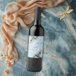 Dusty Blue Gold Glitter Floral Wedding Wijn Etiket