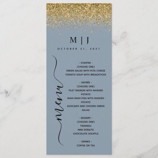 Dusty Blue & Gold Glitter Wedding Menu