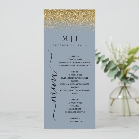 Dusty Blue & Gold Glitter Wedding Menu (Staand voorkant)