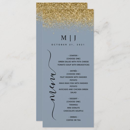 Dusty Blue & Gold Glitter Wedding Menu (Voorkant / Achterkant)