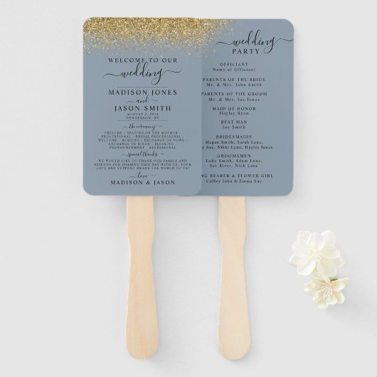 Dusty Blue & Gold Glitter Wedding Program Handwaaier (Voorkant en achterkant)