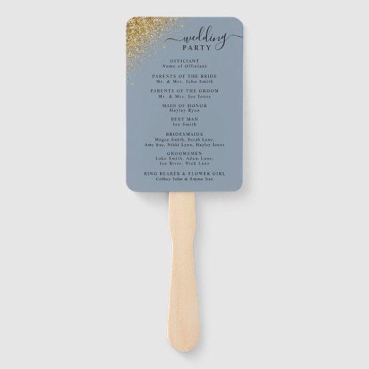 Dusty Blue & Gold Glitter Wedding Program Handwaaier (Achterkant)
