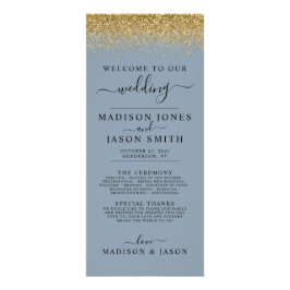 Dusty Blue & Gold Glitter Wedding Program Reclamekaart
