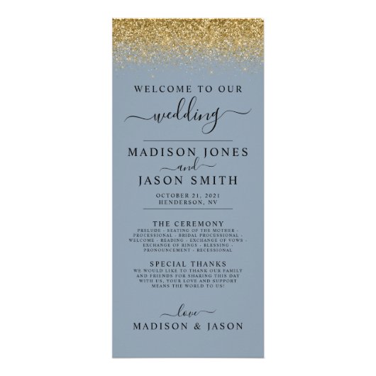 Dusty Blue & Gold Glitter Wedding Program Reclamekaart (Voorkant)