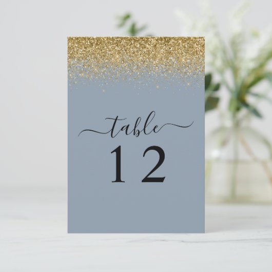 Dusty Blue & Gold Glitter Wedding Table Kaart (Staand voorkant)