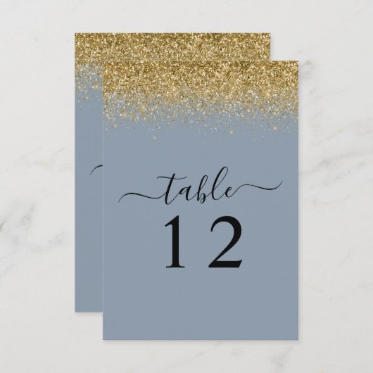 Dusty Blue & Gold Glitter Wedding Table Kaart (Voorkant / Achterkant)