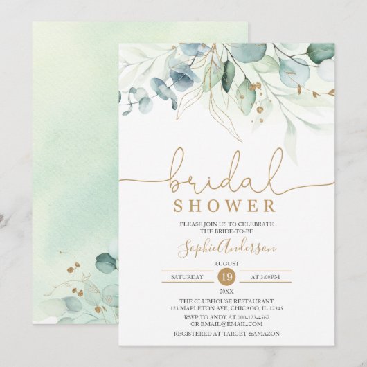 Dusty Blue Gold Greenery Eucalyptus Vrijgezellenfe Kaart (Voorkant / Achterkant)