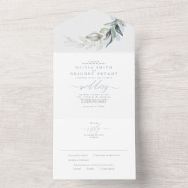 Dusty Blue Gold Greenery leveert de legante bruilo All In One Uitnodiging