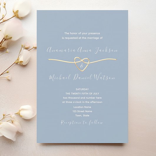 Dusty Blue Gold Heart Wedding Kaart