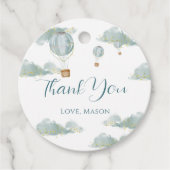 Dusty Blue Gold Hot Air Balloon eerste verjaardag Bedankjes Labels (Voorkant)