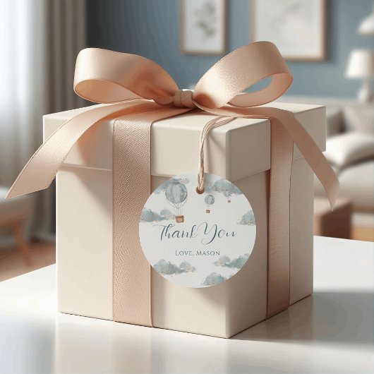 Dusty Blue Gold Hot Air Balloon eerste verjaardag Bedankjes Labels