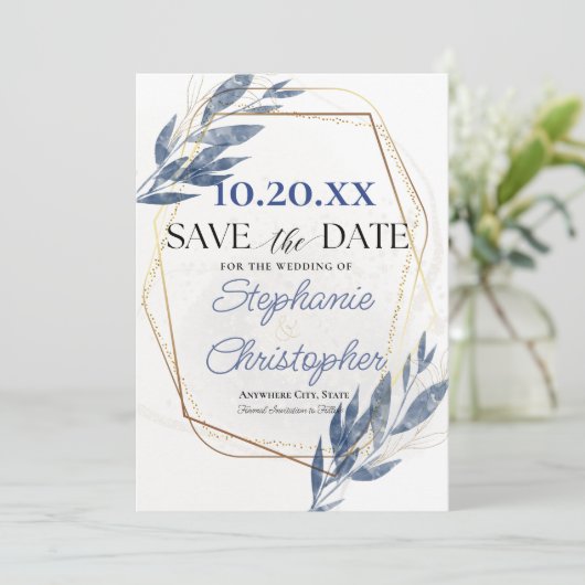 Dusty Blue Gold Lijst Eucalyptus Sla de datum op Kaart (Staand voorkant)