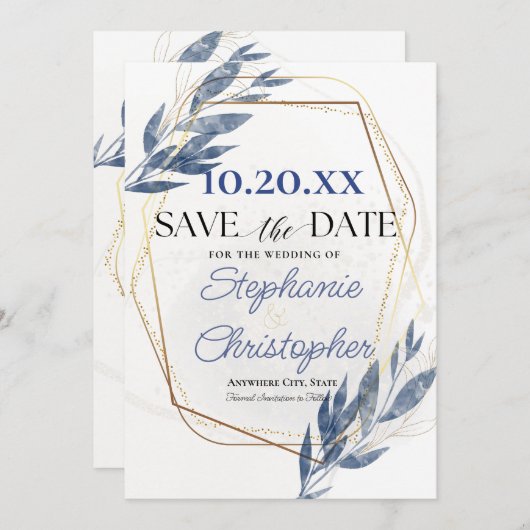 Dusty Blue Gold Lijst Eucalyptus Sla de datum op Kaart (Voorkant / Achterkant)