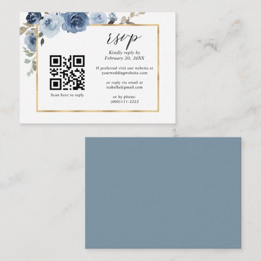 Dusty Blue Gold Lijst Floral QR Code Weddenschap R Informatiekaartje (Voorkant / Achterkant)