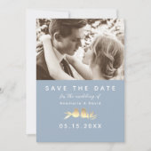 Dusty Blue Gold Lovebirds Photo Save The Date (Voorkant)
