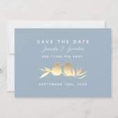 Dusty Blue Gold Lovebirds Save The Date (Voorkant)