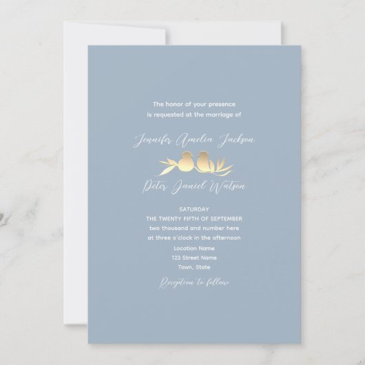 Dusty Blue Gold Lovebirds Wedding Kaart (Voorkant)
