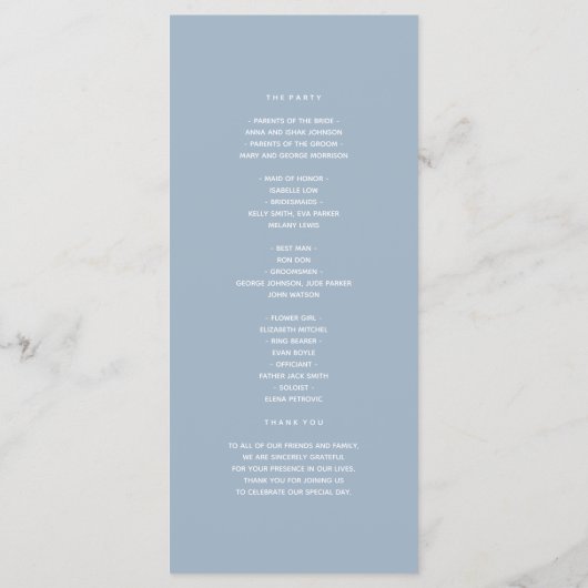 Dusty Blue Gold Lovebirds Wedding Programmakaart (Achterkant)