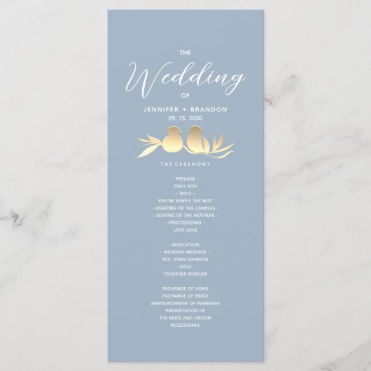 Dusty Blue Gold Lovebirds Wedding Programmakaart (Voorkant)