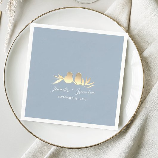 Dusty Blue Gold Lovebirds Wedding Servet