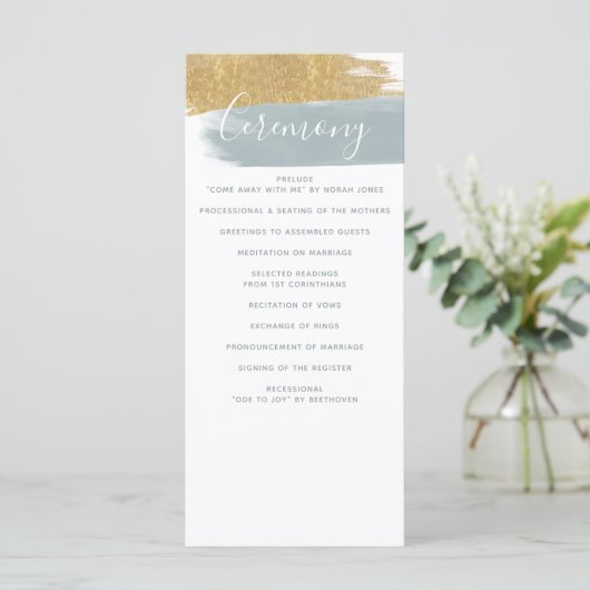 Dusty Blue Gold Minimalist Calligraphy Wedding Programmakaart (Staand voorkant)