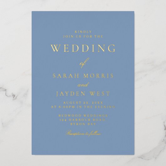 Dusty Blue & Gold Modern Wedding Folie Uitnodiging (Voorkant)