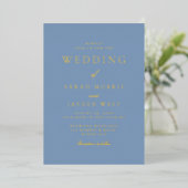 Dusty Blue & Gold Modern Wedding Folie Uitnodiging (Staand Voorkant)