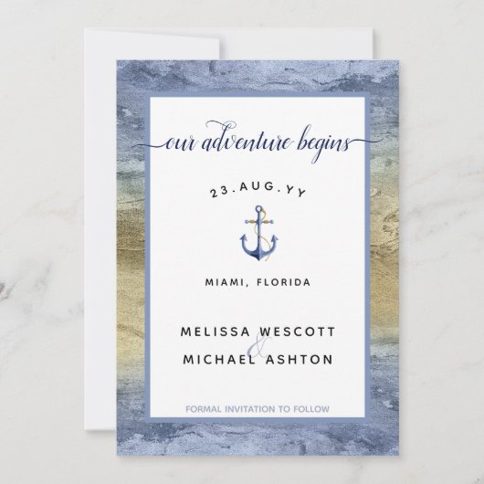 Dusty Blue Gold Nautical Navy Event Wedding Save The Date (Voorkant)