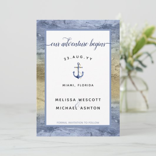 Dusty Blue Gold Nautical Navy Event Wedding Save The Date (Staand voorkant)