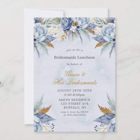 Dusty Blue Gold Peony Bridesmaids Luncheon Invites (Voorkant)