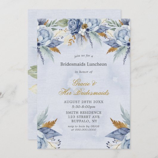 Dusty Blue Gold Peony Bridesmaids Luncheon Invites (Voorkant / Achterkant)