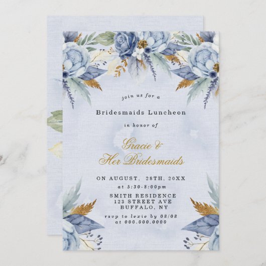 Dusty Blue Gold Peony Bridesmaids Luncheon Invites (Voorkant / Achterkant)