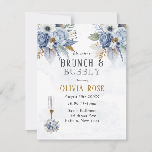 Dusty Blue Gold Peony Chic Brunch & Bubble Invitat Kaart (Voorkant)