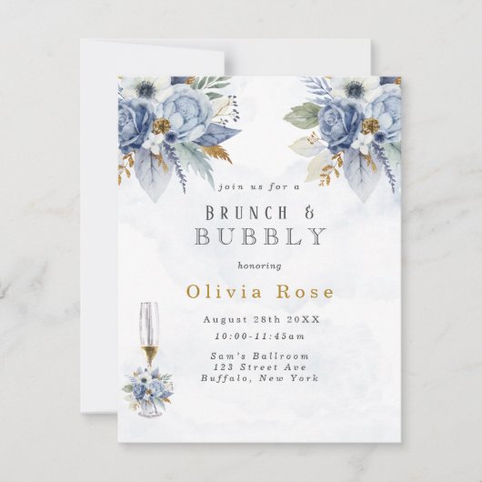 Dusty Blue Gold Peony Chic Brunch & Bubble Kaart (Voorkant)