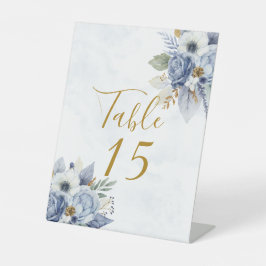Dusty Blue Gold Peony Wedding Table Number Reclamebord Met Voetstuk