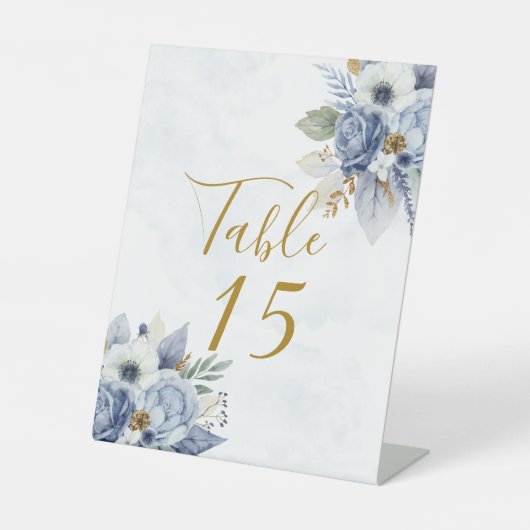 Dusty Blue Gold Peony Wedding Table Number Reclamebord Met Voetstuk (Voorkant)