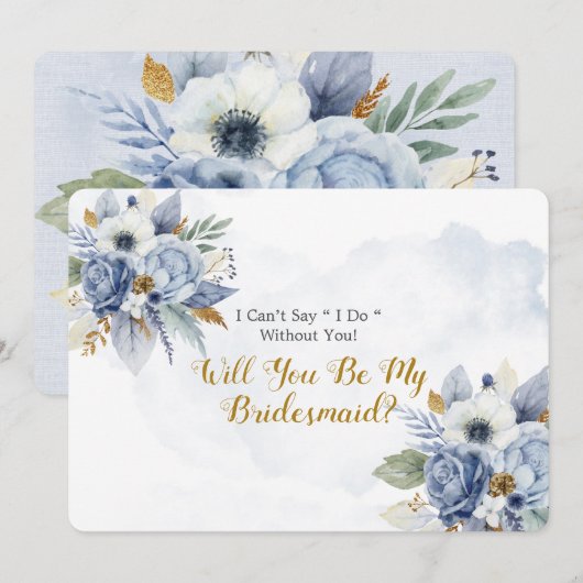 Dusty Blue Gold Peony word m'n Bridesmaid in Kaart (Voorkant / Achterkant)