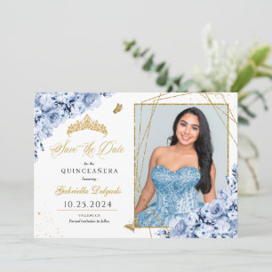 Dusty Blue & Gold Quinceañera Sla de datum foto Kaart