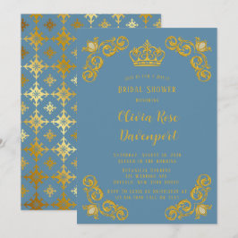 Dusty Blue & Gold Royal Crown Damask Vrijgezellenf Kaart