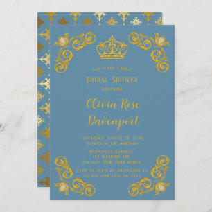 Dusty Blue & Gold Royal Crown Damask Vrijgezellenf Kaart