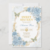 Dusty Blue Gold Rozen Sweet Sixteen Verjaardag Kaart (Voorkant)