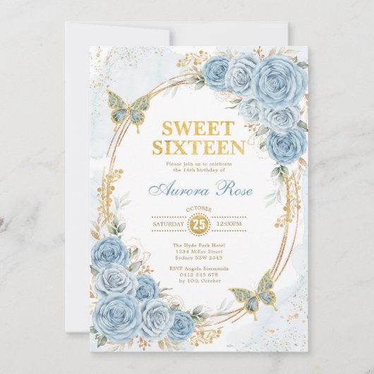 Dusty Blue Gold Rozen Sweet Sixteen Verjaardag Kaart (Voorkant)