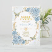 Dusty Blue Gold Rozen Sweet Sixteen Verjaardag Kaart (Staand voorkant)